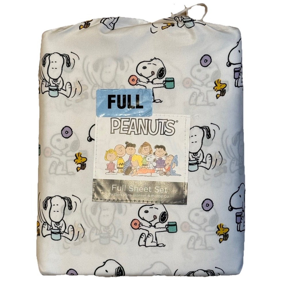 BERKSHIRE Peanuts SNOOPY Coffee and Donuts WHITE Sheet Set POLYESTER Size FULL‎
